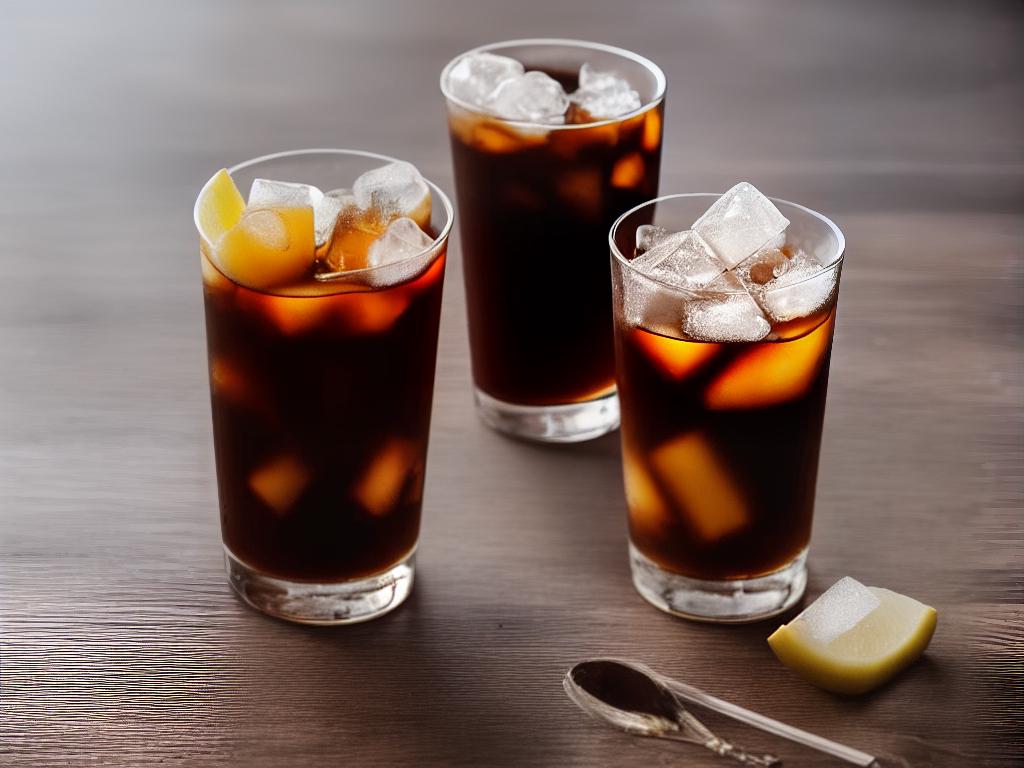 A glass of cold brew coffee with ice cubes and a straw on a wooden table.