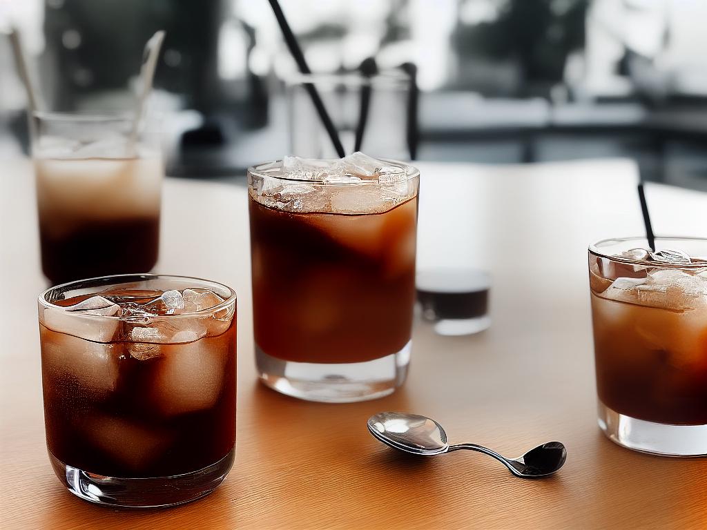 A cup of Iced Americano on a wooden table with an ice cube floating in it.
