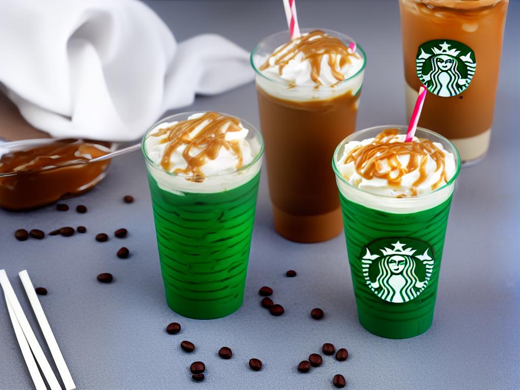 A cup of iced coffee with whipped cream and caramel sauce on top with a green Starbucks straw.