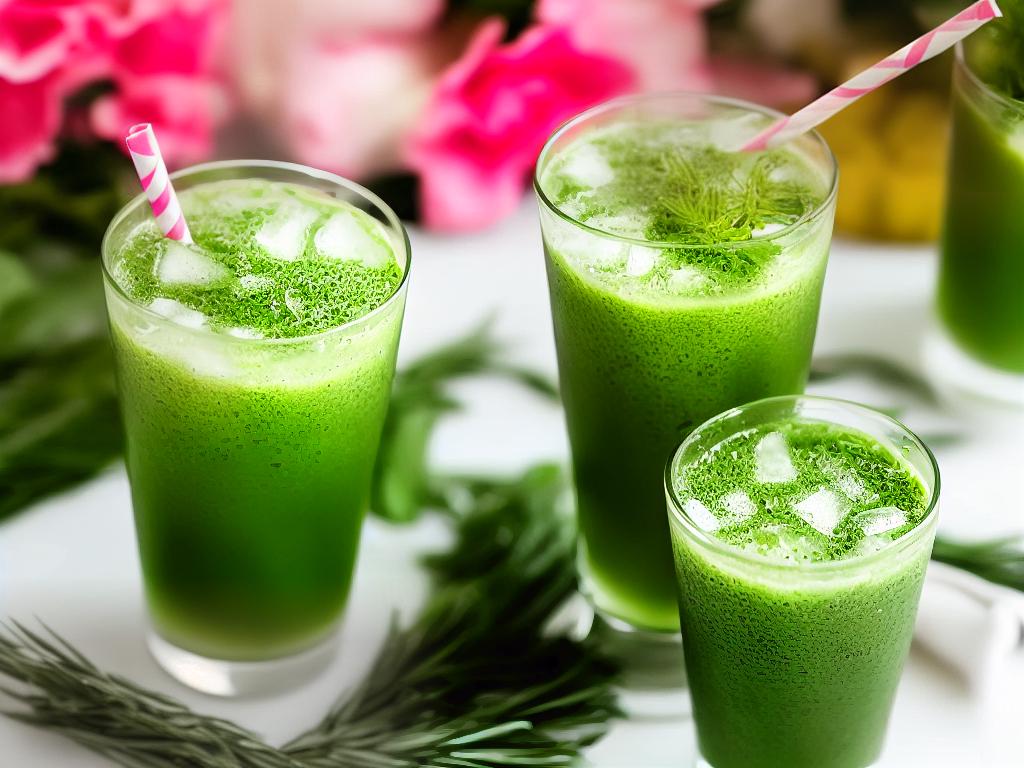 A tall glass filled with green iced drink, cut pieces of pineapple and surrounded by green leaves and pink flowers.