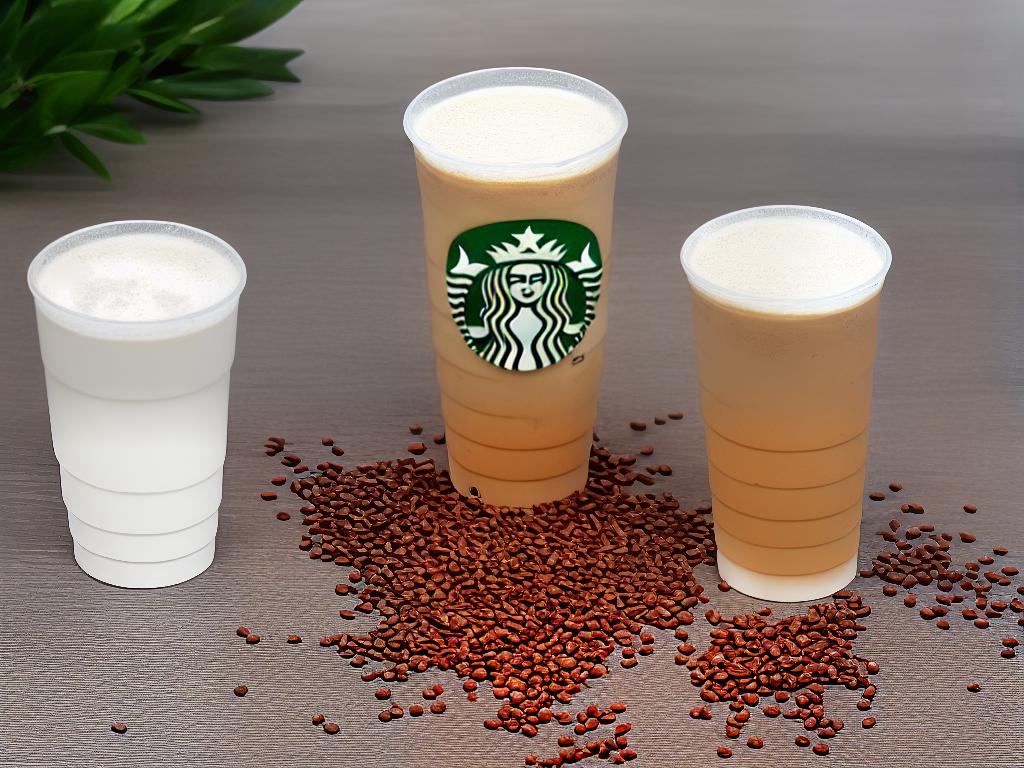 A cold drink in a clear plastic cup with a lid, that has a light brown color with a few small brown dots. On the top of the cup, there is a label, which reads Iced Starbucks Blonde Vanilla Bean Coconut Latte.