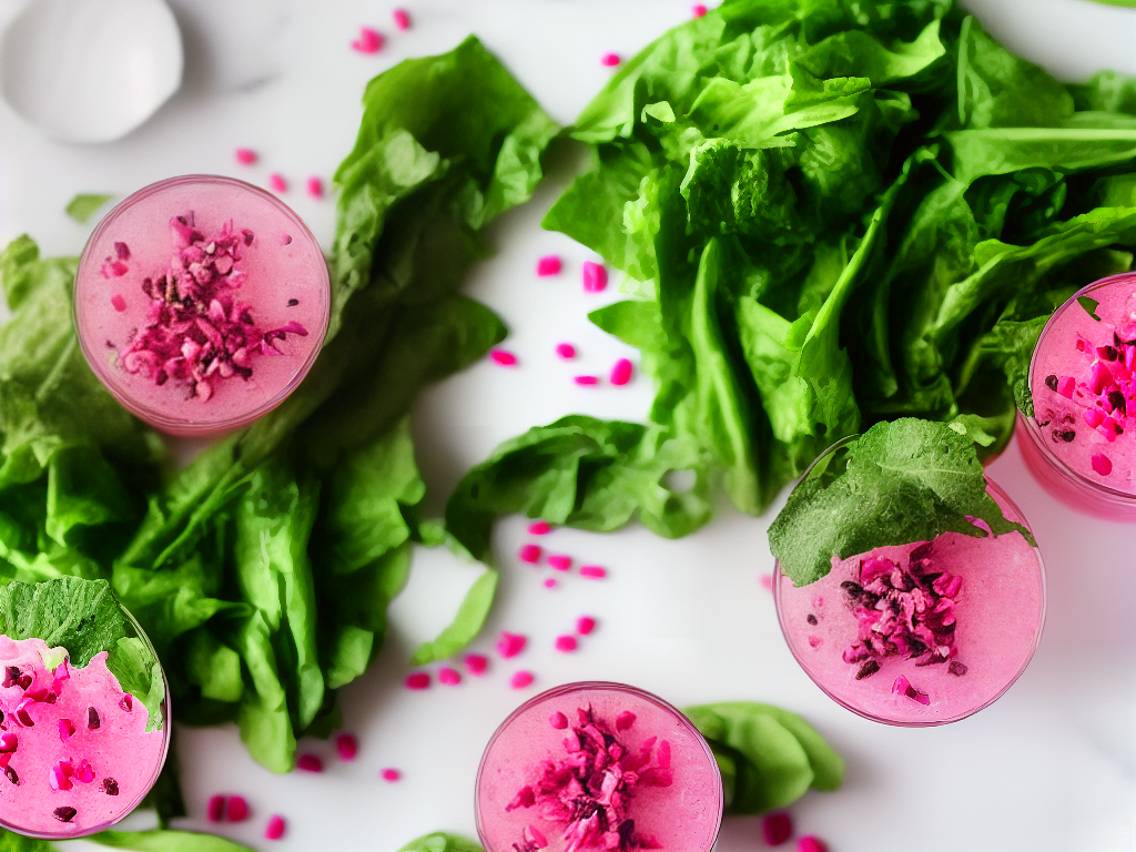 A glass filled with a bright pink tropical drink, garnished with diced freeze-dried dragonfruit pieces and displayed against a leafy green background.