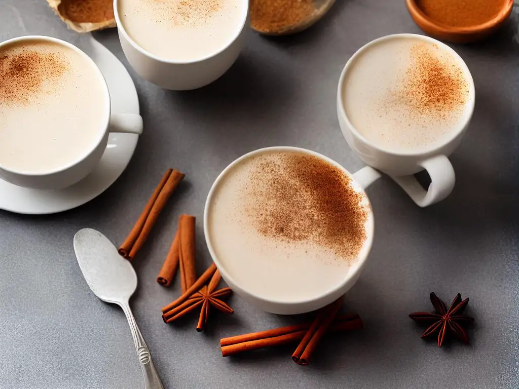 A cup of Chai Tea Latte with a frothy surface and a sprinkle of cinnamon on top.