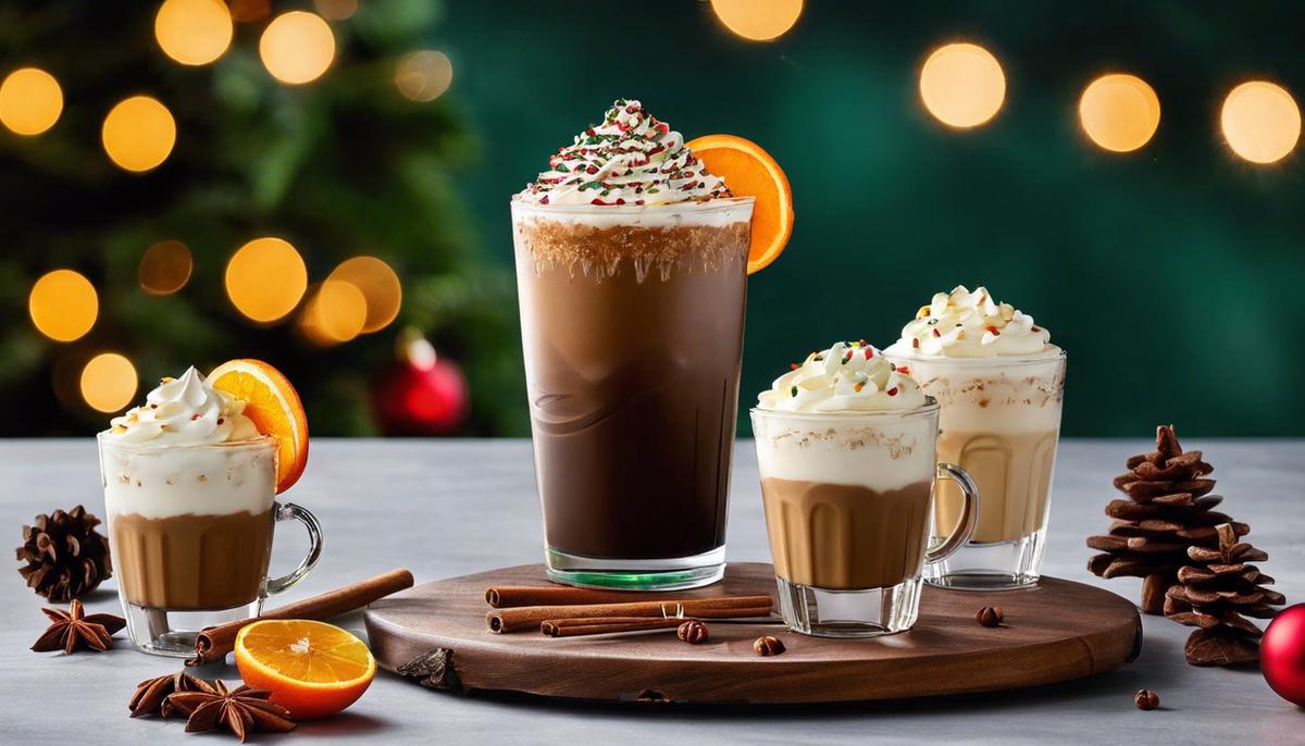 A festive Starbucks Christmas Frappuccino showcasing the blend of indulgent creaminess, Christmas spices, and smoky espresso, garnished with orange zest.