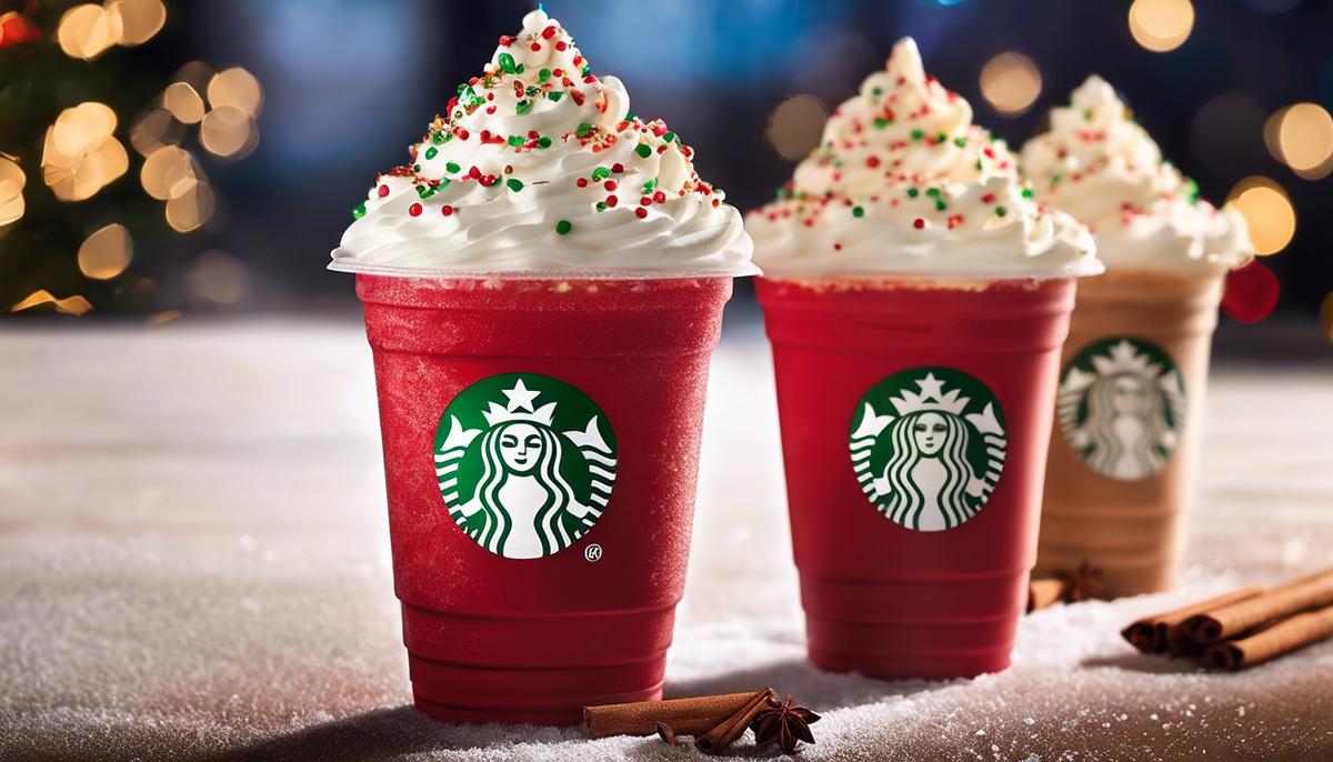 A festive cup of Starbucks' Christmas Frappuccino with layers of whipped cream, spices, and a sprinkle of nutmeg on top.