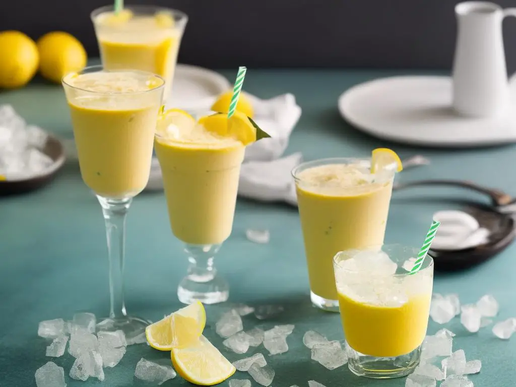 Image of a cup of Starbucks Frozen Lemonade on a table with a lemon slice on top, surrounded by ice cubes, with a green straw sticking out