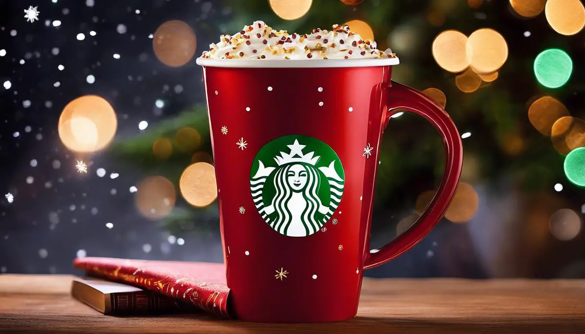 A festive image featuring a red cup of Starbucks coffee surrounded by twinkling lights and holiday decorations, evoking the magic of Starbucks' Holiday Blends.