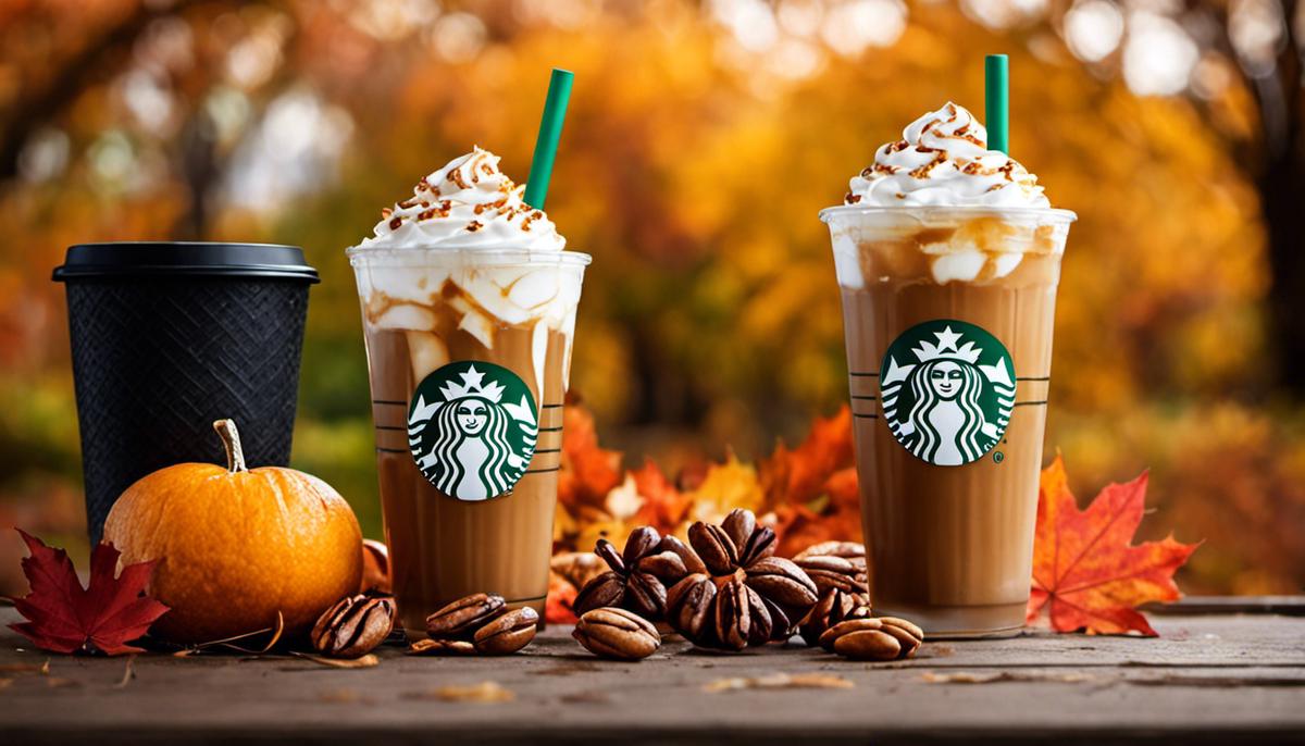 A photo of a Starbucks Iced Maple Pecan Latte with whipped cream and a sprinkle of orange zest on top, served in Starbucks' iconic cups, against a backdrop of autumn leaves.