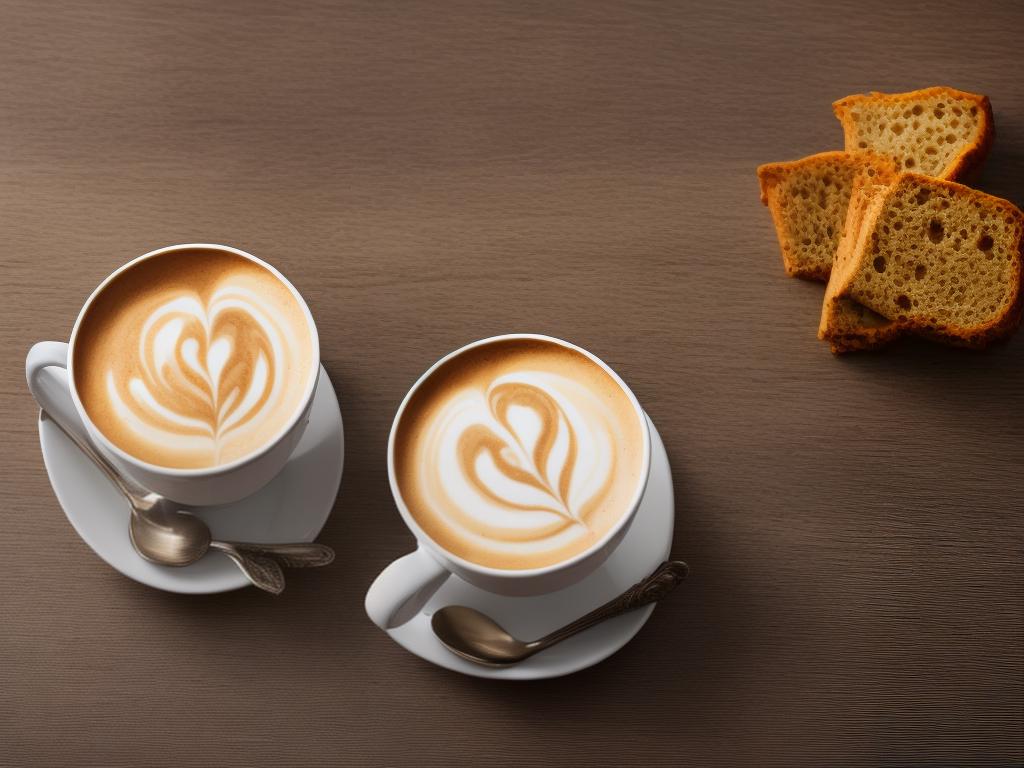 A rich, creamy latte in a Starbucks cup with vivid colors and a light brown saucer against a dark background.