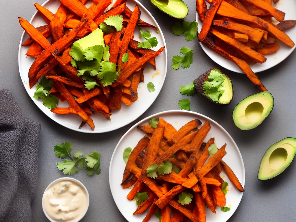 A plate of crispy sweet potato fries topped with smoky beans, dairy-free cheese, fresh avocado, and drizzled with zesty hot sauce.