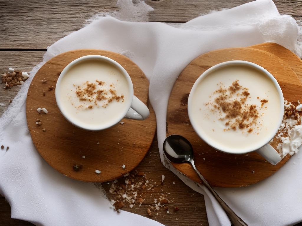 A cup of Starbucks White Hot Chocolate with whipped cream and white chocolate shavings on top, served on a wooden board with a snowy background, evoking a feeling of warmth and coziness.