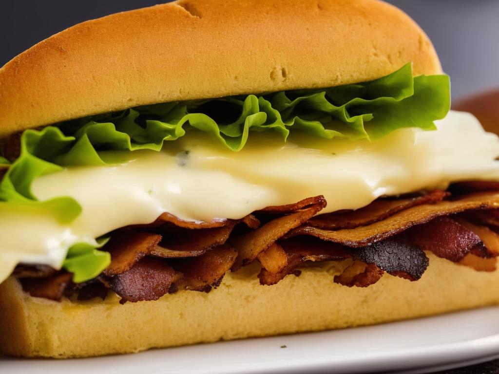 A close-up of a Starbucks smoked bacon roll showing the smoked bacon and melted Gouda cheese on top of a fluffy roll.