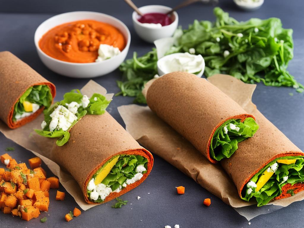 A picture of the Vegan Beetroot Wrap showing the beetroot hummus, sweet potato, feta-style vegan cheese, chickpeas, and mixed salad leaves wrapped in soft, freshly baked bread.