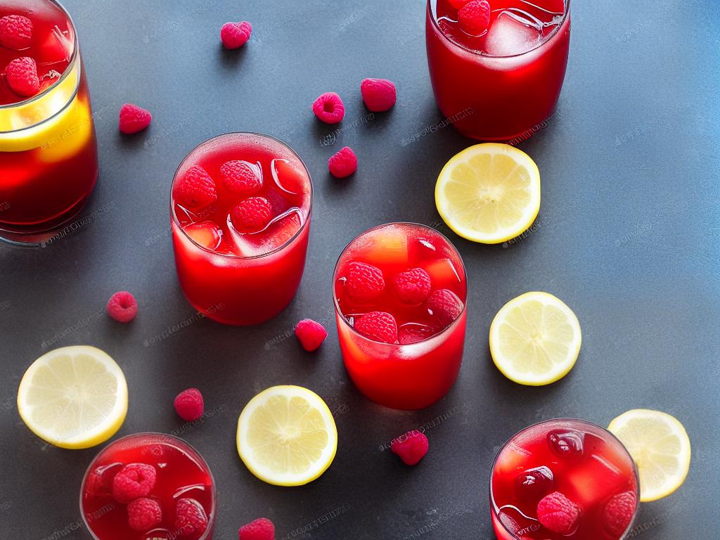 A refreshing glass of iced tea with lemon and raspberries on a hot summer day.