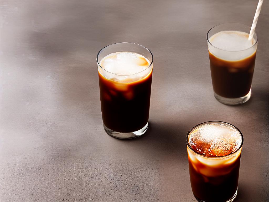 A picture of a cup of Iced Shaken Espresso with a frothy layer on top and ice cubes at the bottom. There is a paper straw in the drink and it is placed on a wooden table with a white background.