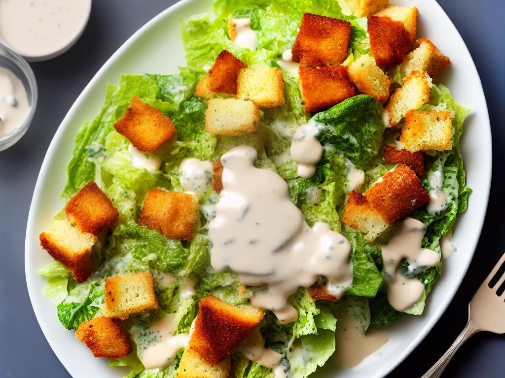 A picture of a chicken Caesar salad on a plate with lettuce, chicken, croutons, and parmesan cheese, topped with creamy Caesar dressing.