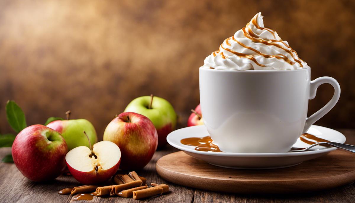 A image of a steaming cup of Starbucks Caramel Apple Spice topped with whipped cream and caramel drizzle.
