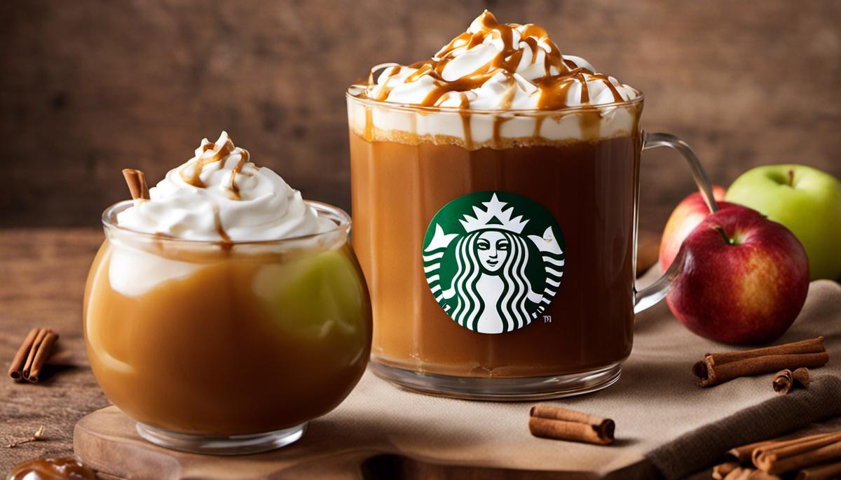 A steaming cup of Starbucks Caramel Apple Spice with whipped cream and a caramel drizzle, exuding warmth and autumnal vibes.