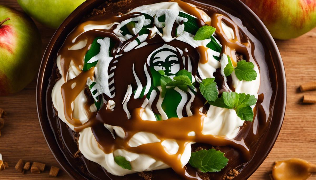A visually appealing image of a Starbucks Caramel Apple Spice drink, showcasing its rich golden color, whipped cream cap, and decorative caramel drizzle.