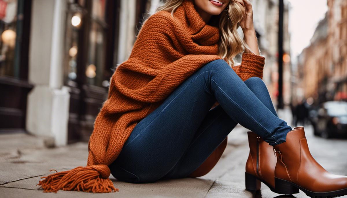 A cozy oversized knit sweater in caramel shade, an apple red scarf, high-rise navy blue jeans, ankle boots in earthy colors, a crossbody bag in cream, and a chic French manicure with caramel tips to perfectly complement the Starbucks Caramel Apple Spice.