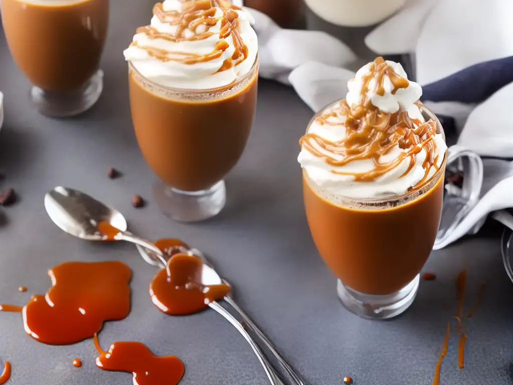 A delicious-looking Caramel Macchiato beverage, featuring a layer of caramel sauce on top of steamed milk and espresso, topped with whipped cream and more caramel drizzle.