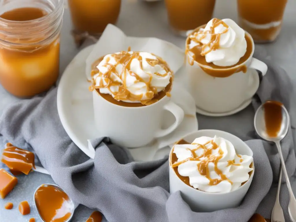 A delicious caramel macchiato topped with whipped cream and caramel drizzle