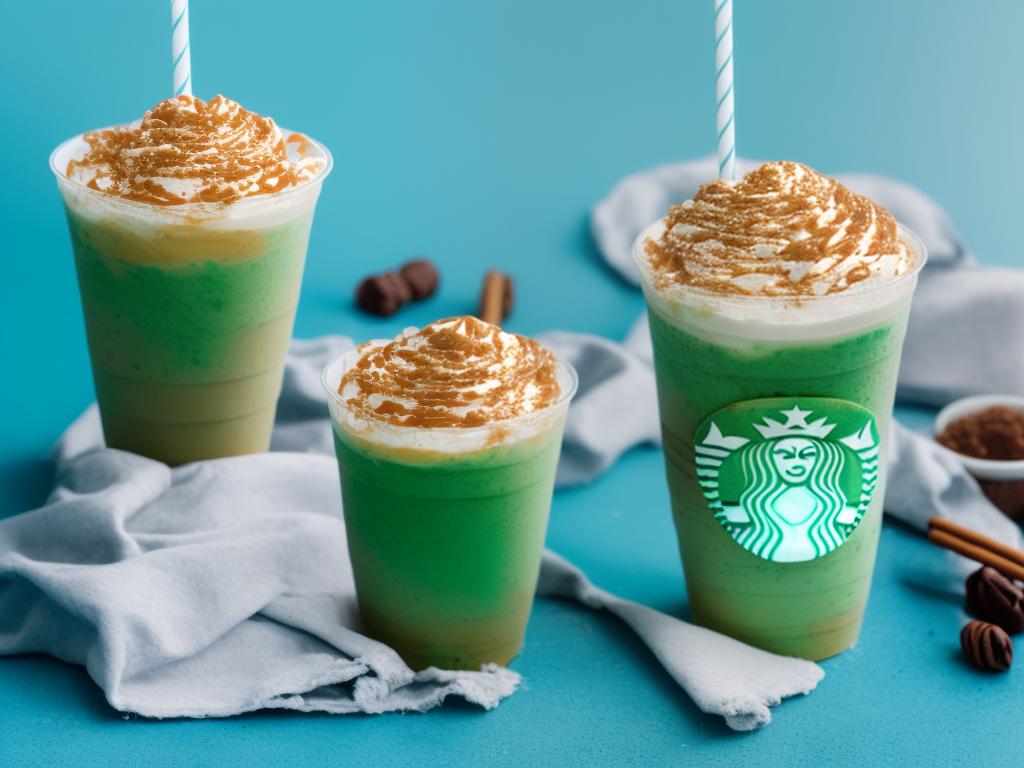 A cold Caramel Ribbon Crunch Frappuccino is held against a blue and green background with white text that reads 'History of the Caramel Ribbon Crunch Frappuccino' at the top.