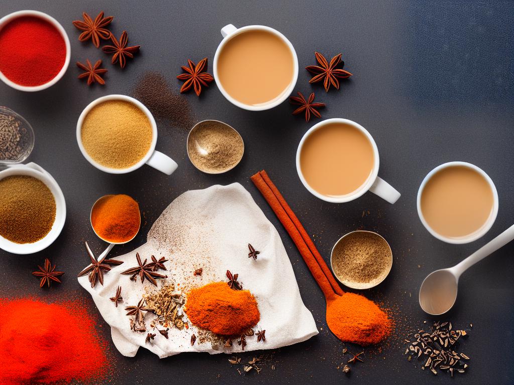 A picture of a cup of chai tea with a colorful background of different spices used to make it.
