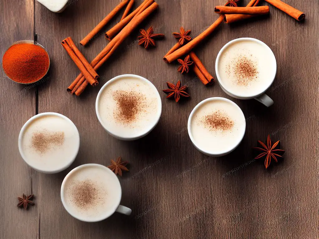 A cup of chai tea latte topped with cinnamon and spices sitting on a wooden table.
