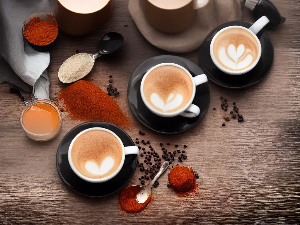 A warm cup of latte on a table with spices and a mug.