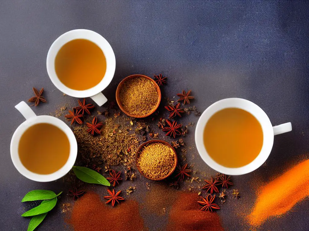 A cup of chai tea with spices and tea leaves floating in it.