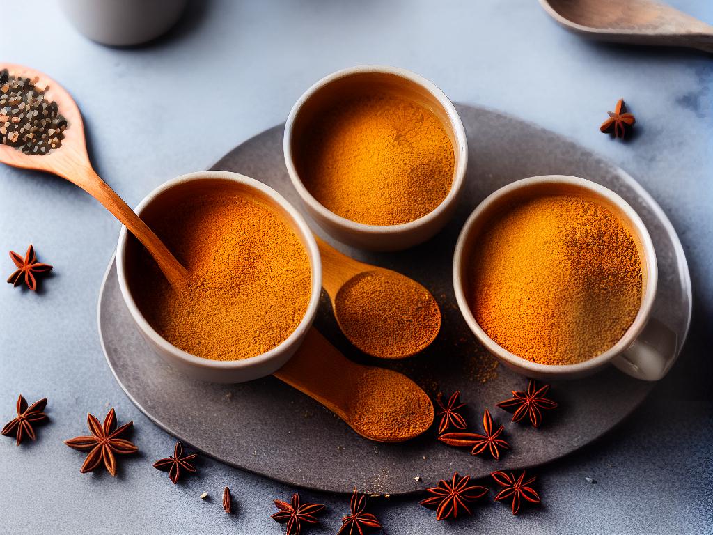 A photo of a cup of chai tea with various spices including cardamom, cinnamon, cloves, and ginger arranged on a wooden spoon and around the cup.