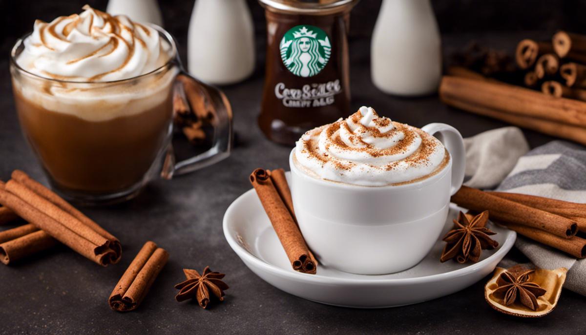 A cup of Starbucks Cinnamon Dolce Latte, topped with frothy whipped cream and sprinkled with a swirl of cinnamon.