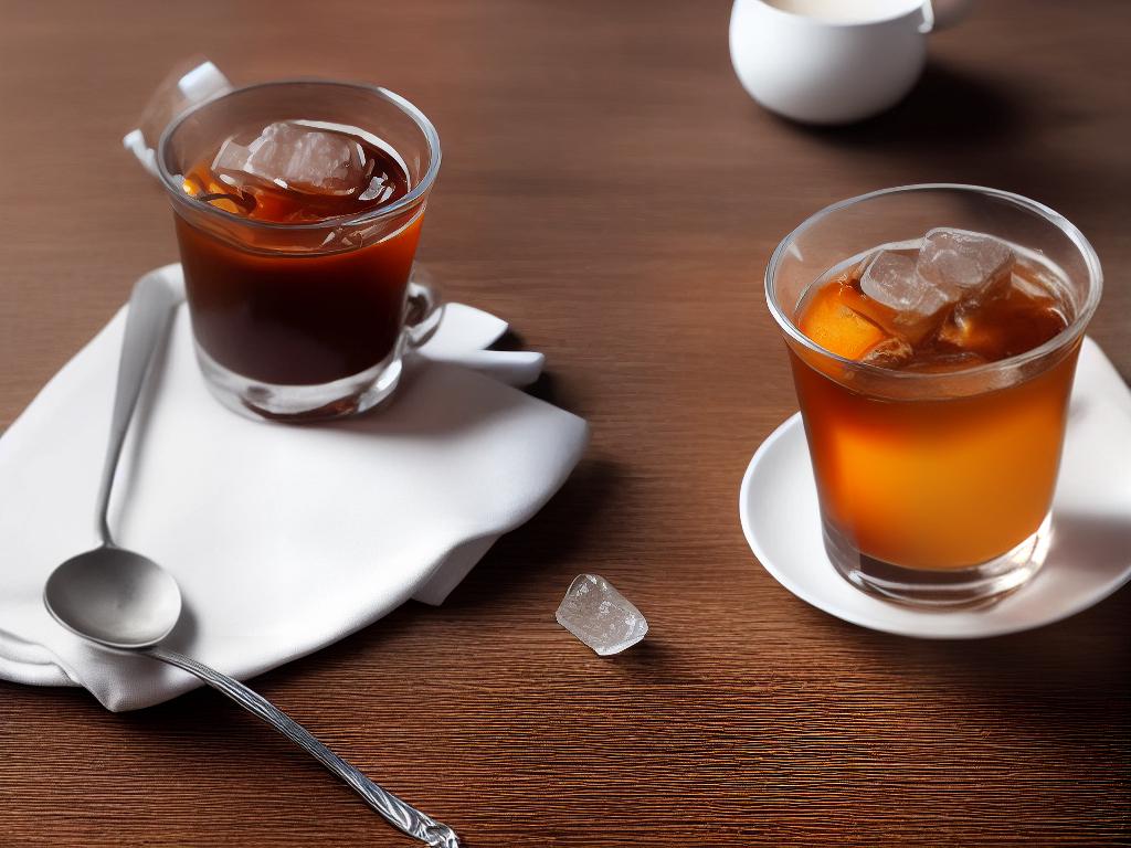 An image of a glass filled with cold coffee on a table, with a spoon stirrer and an ice-cube in it.