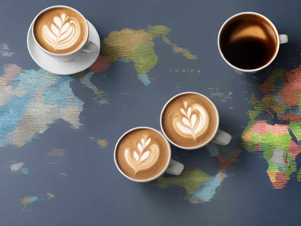 Two cups of coffee facing off against each other with a map of Europe in the background.