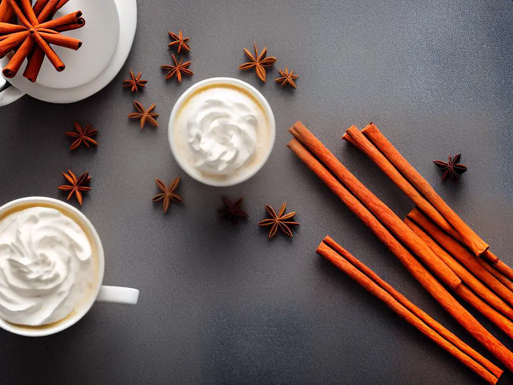 A picture of a Starbucks Dirty Chai Tea Latte with whipped cream on top and a cinnamon stick as a stirrer.