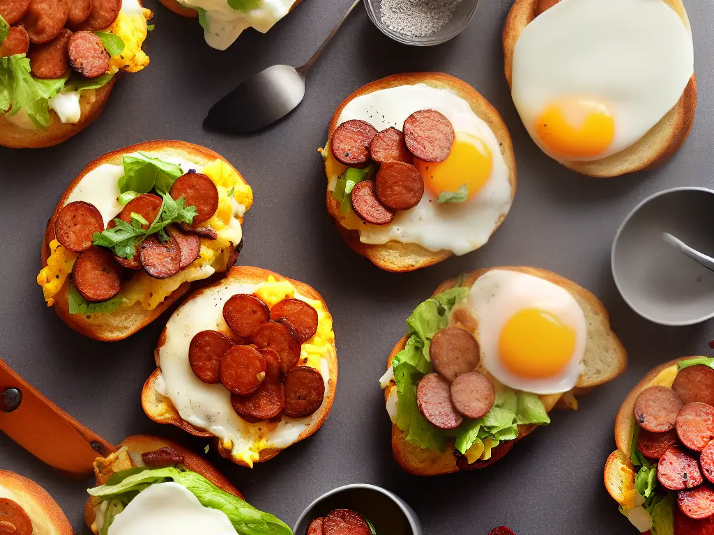 An image of a breakfast sandwich with ingredients like egg, sausage, and bacon on a freshly toasted muffin.