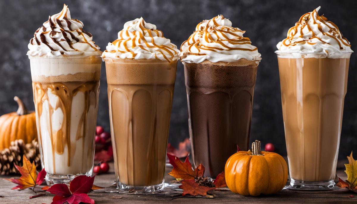 Assorted fall frappuccinos with whipped cream, caramel drizzle, and autumn decorations.