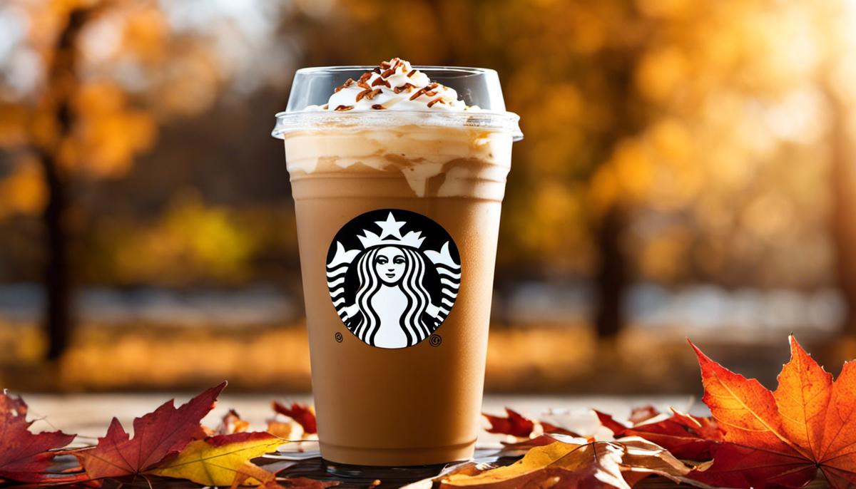 A cup of Starbucks' Iced Maple Pecan Latte surrounded by autumn leaves, creating a cozy fall aesthetic.