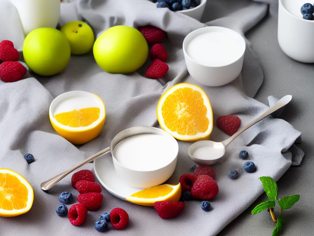 A cup of yogurt and fruit with a spoon sitting on a table.