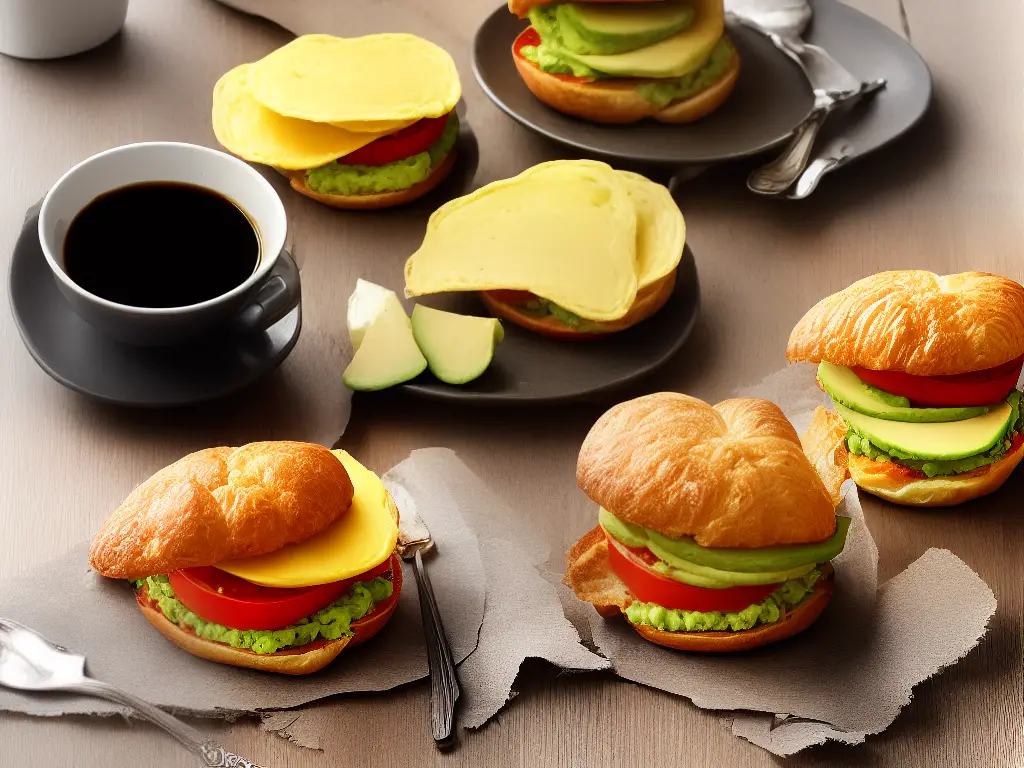 An image of a breakfast sandwich with avocado and tomato slices, served with a cup of coffee and a croissant on a wooden table.