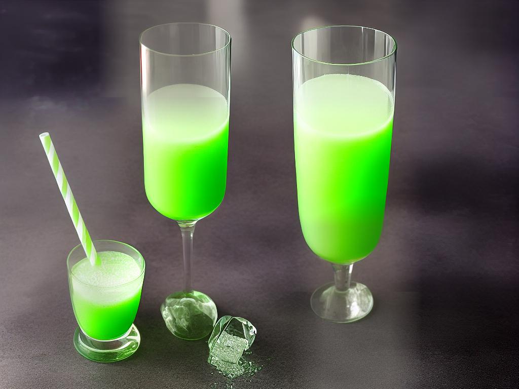 A tall clear glass filled with bright green liquid topped with foam and a green straw