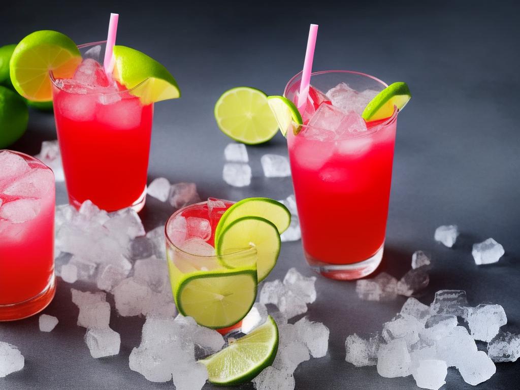A cold, colorful drink in a clear plastic cup with a straw. It has a pinkish-red color and is topped with ice. The drink is garnished with slices of lime and pieces of guava.