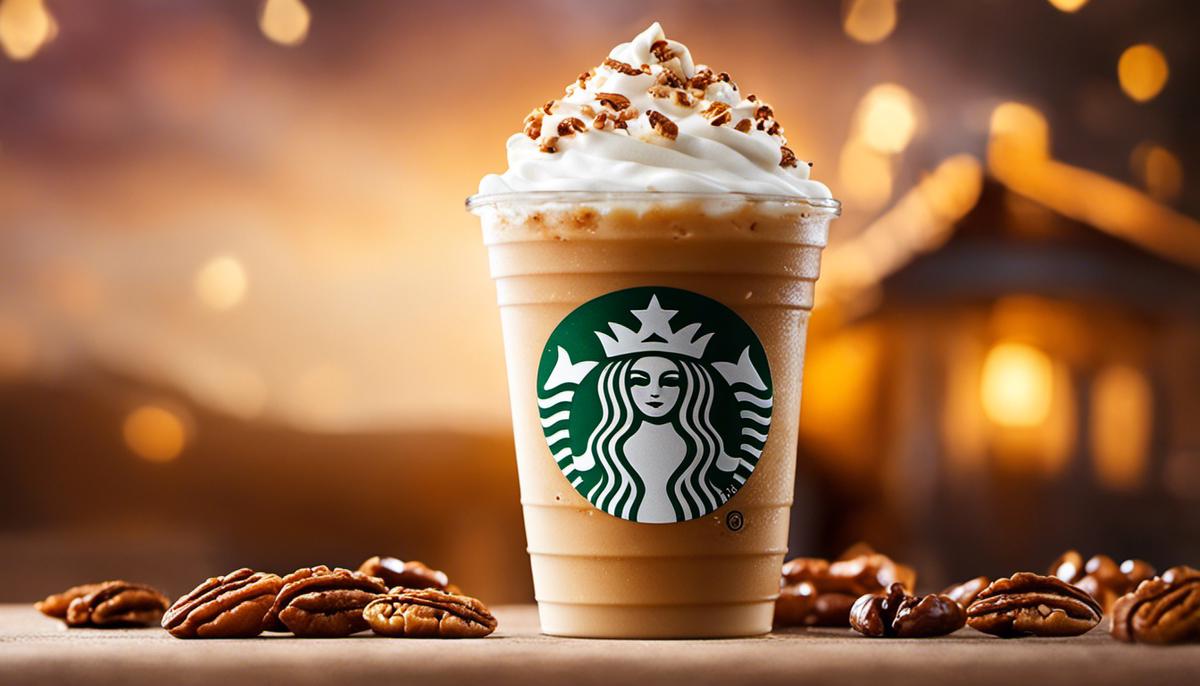 A close-up image of a Starbucks Iced Maple Pecan Latte with frothy whipped cream and a sprinkle of praline crumbs on top.