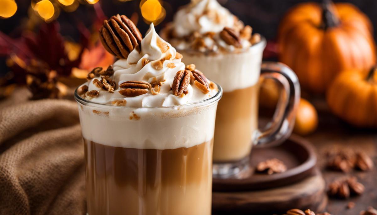 A close-up image of an Iced Maple Pecan Latte, showing layers of creamy coffee, whipped cream, and praline crumbs, with fall decorations in the background.