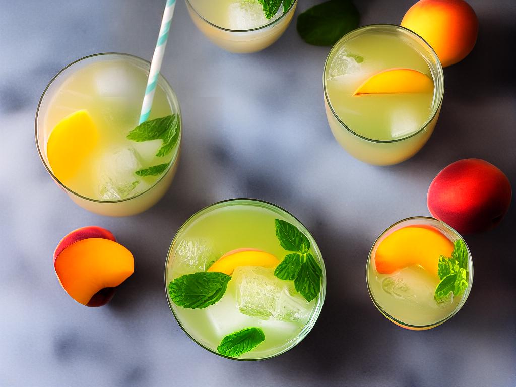 A refreshing and fruity iced drink in a clear plastic cup with straw, garnished with sliced peaches and green tea leaves.