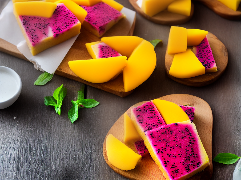A picture of mango and dragonfruit slice laying on a wooden board with a glass of mango dragonfruit refresher next to it.