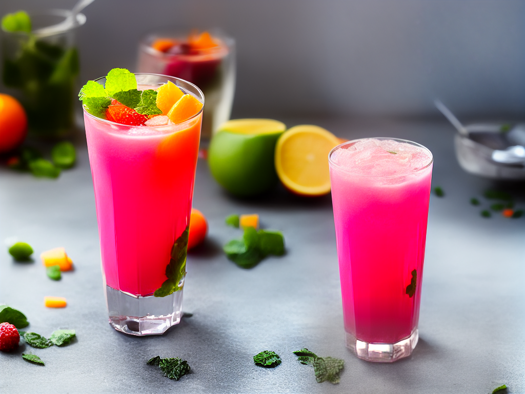 A tall clear glass filled with a vibrant pink beverage topped with green and orange flecks and small pieces of fruit.