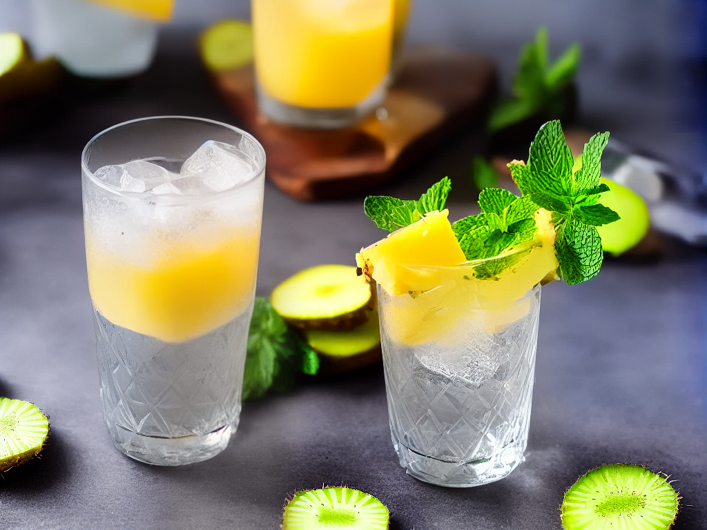 A glass full of a colorful drink with ice, topped with a skewered piece of pineapple and kiwi slices and mint leaves.