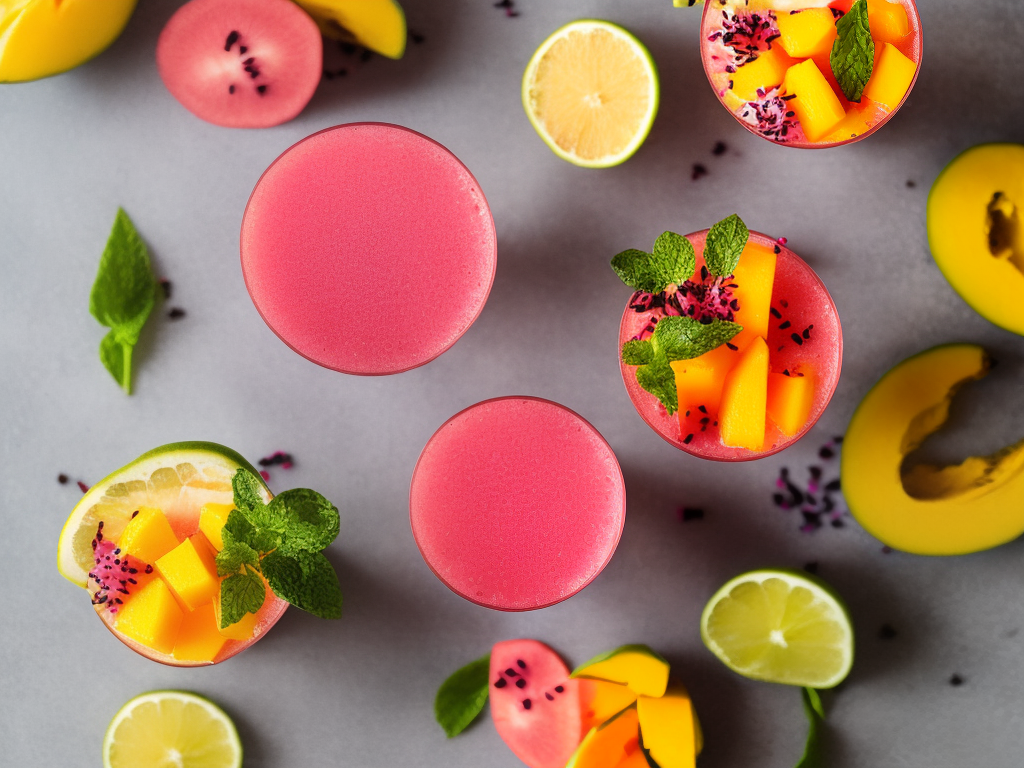 A colorful glass filled with a vibrant pink and orange drink, garnished with slices of mango and dragonfruit.